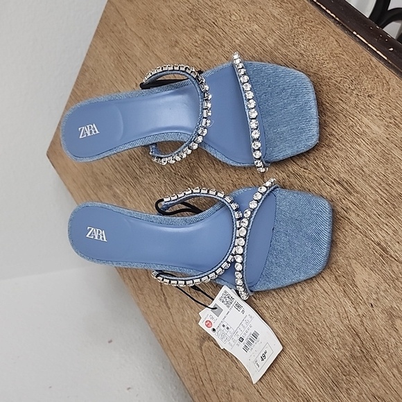 Zara Rhinestone Heeled Denim Sandals size 37 - Picture 1 of 9